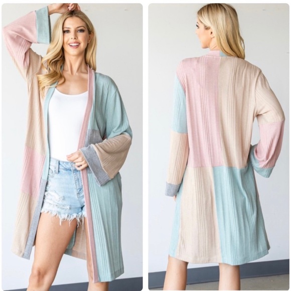 💼 Pastel Color Block Cardigan ~ Long Body ~ Made in USA - Picture 1 of 8
